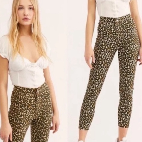 Free People Pants - FREE PEOPLE WOMENS HIGH WAIST SKINNY ANKLE PANTS CHEETAH ANIMAL PRINT SZ 28
